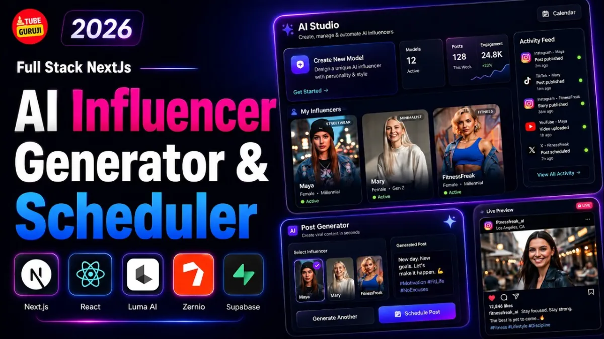 🇺🇸 Build Full stack AI Influencer Generator & Post Scheduler Using NextJs, React, Luma AI, Zernio